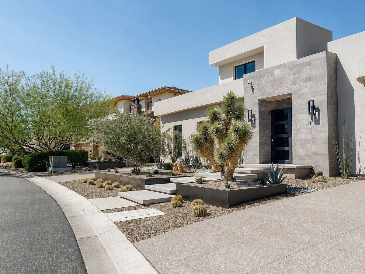 Modern front exterior with concrete facade, desert plants, pathway, and dark doors with wall sconces.