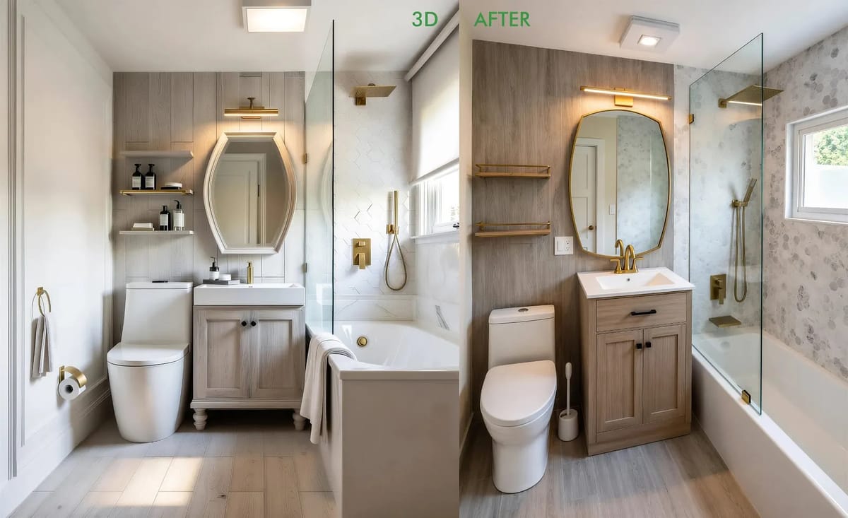 Bathroom with white toilet, freestanding bathtub, wood vanity, round mirror, and gold fixtures.