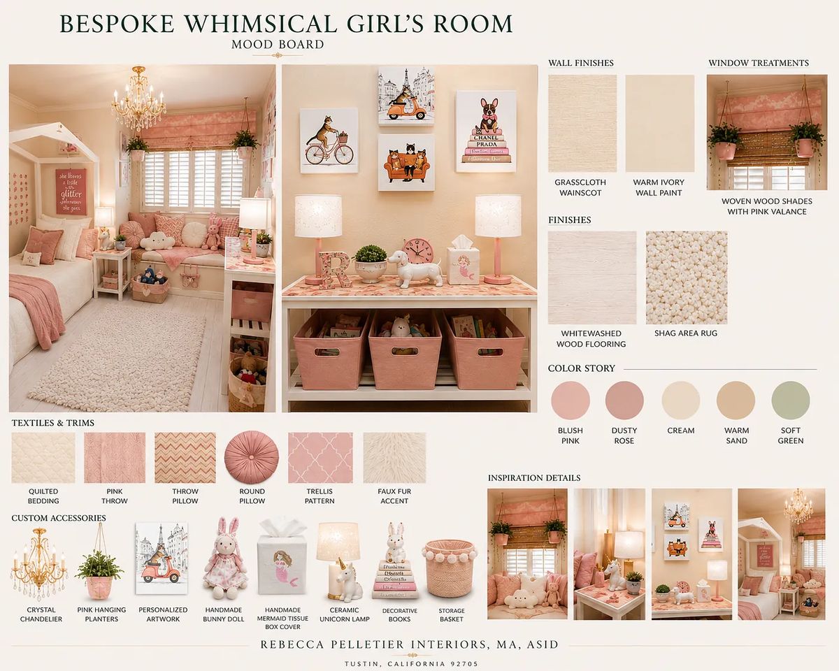 Mood board for a whimsical girl's room with fabric swatches, colors, and design inspirations.