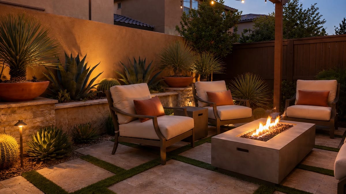 Patio with armchairs, fire pit, stone tiles, grass patches, and potted plants.