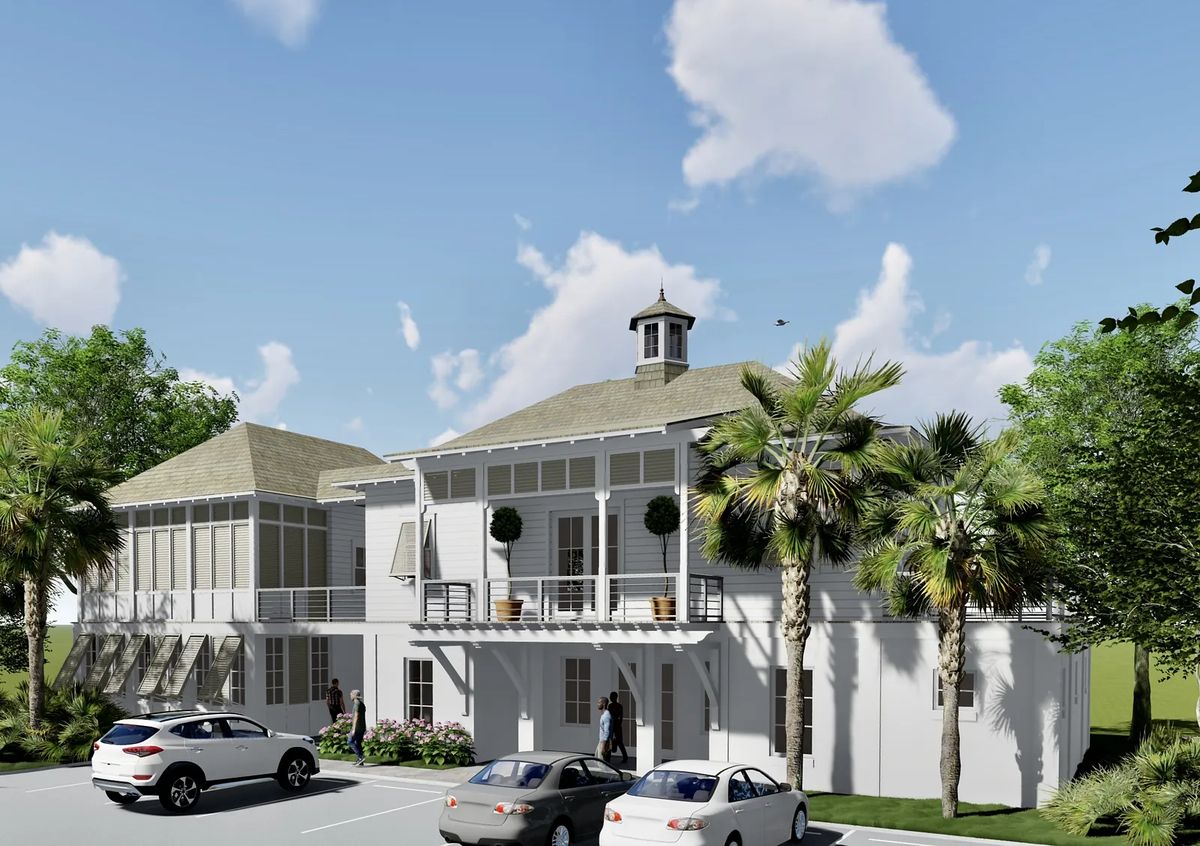 Front exterior view of a two-story house with gable roof, cupola, porch, palm trees, and parking area.