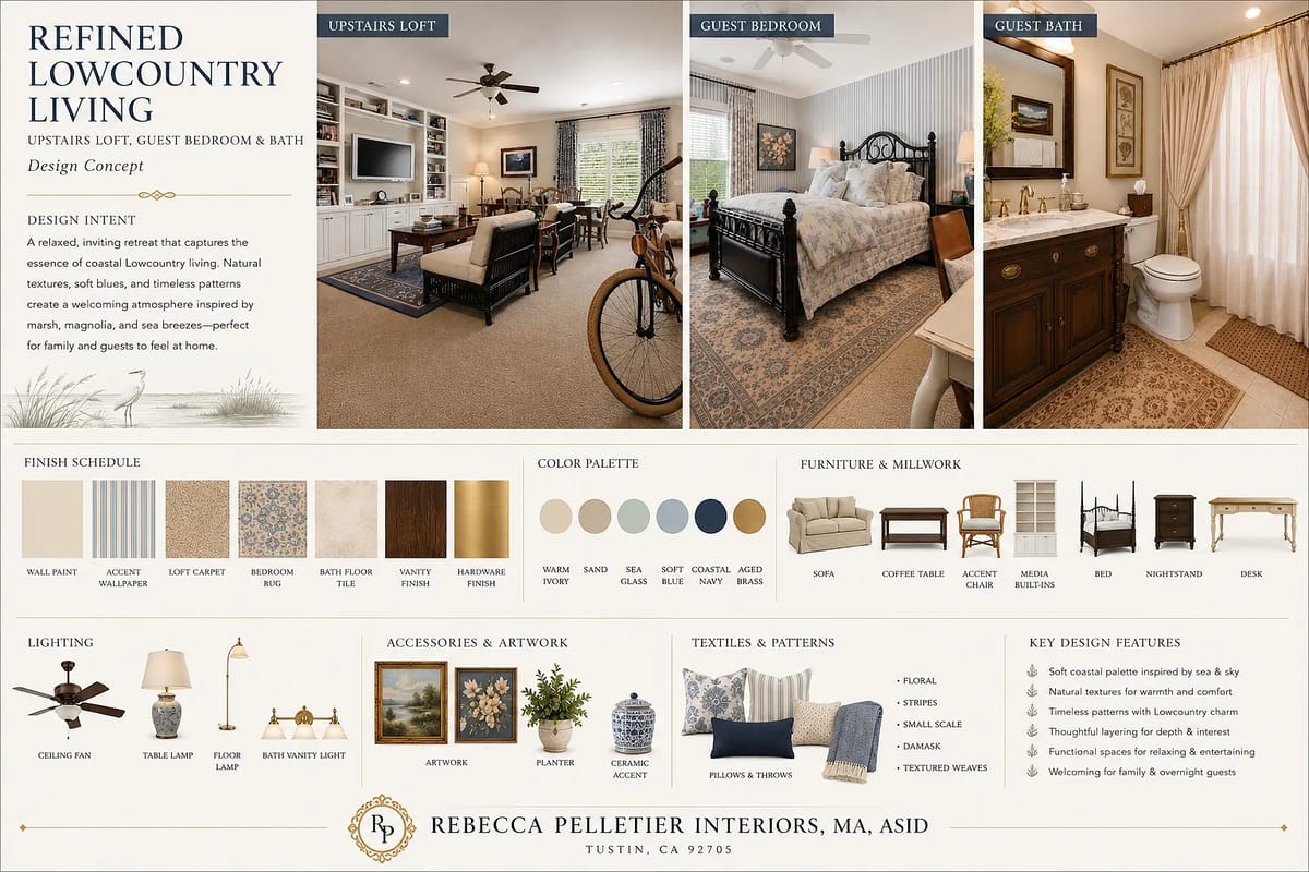 Design presentation board with interior elements for loft, bedroom, and bathroom.
