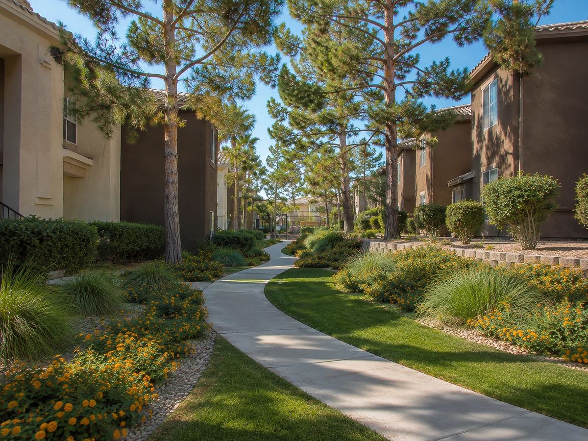 Landscaped garden with a winding concrete pathway bordered by grass and flowering plants.