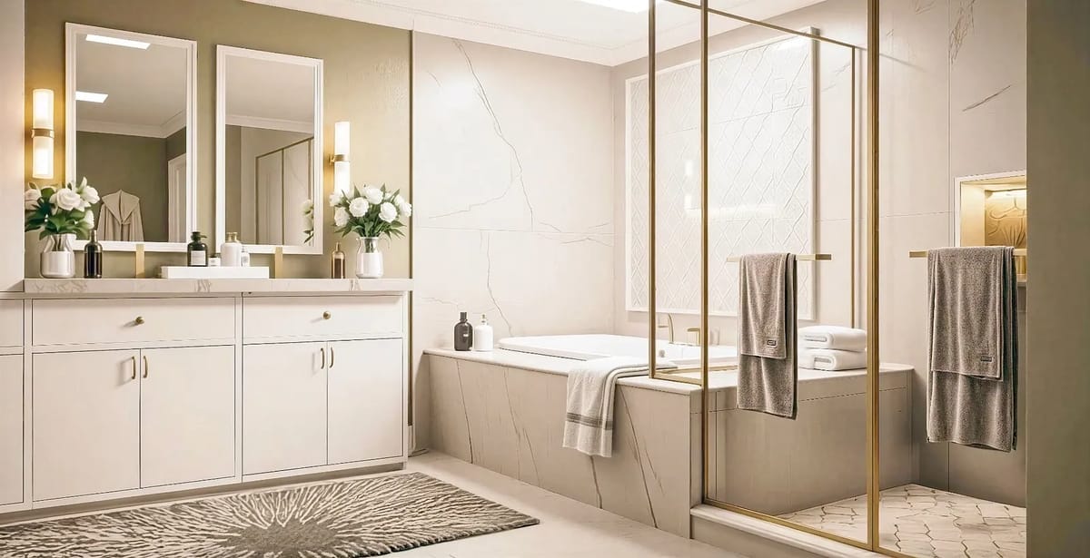 Bathroom with white vanity, double sinks, freestanding bathtub, glass shower, and marble-like tiles