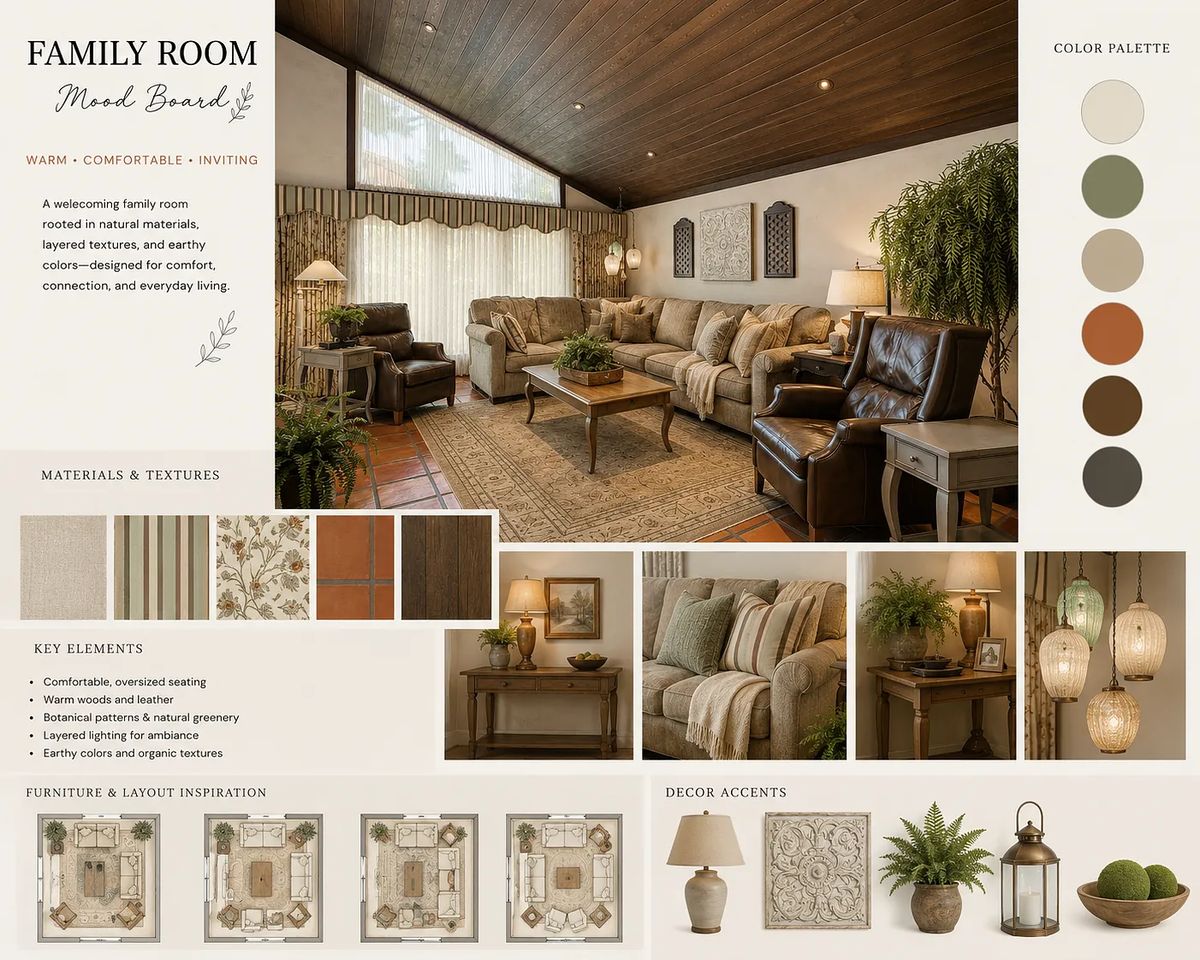 Family room with leather sofa, armchairs, coffee table, area rug, and wooden ceiling with beams.