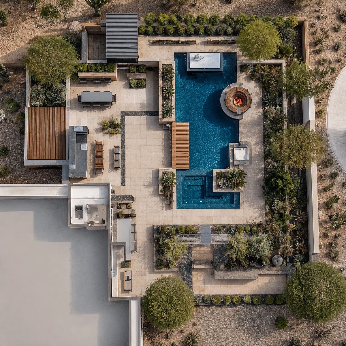 Outdoor garden with swimming pool, fire pit, lounge chairs, dining area, and various plants