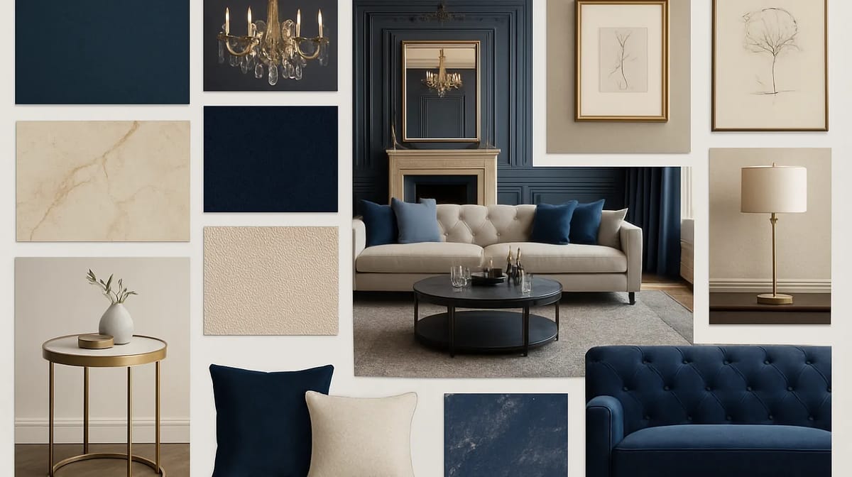 Living room with blue tufted sofa, fireplace, round coffee table, and dark blue walls adorned with artwork.