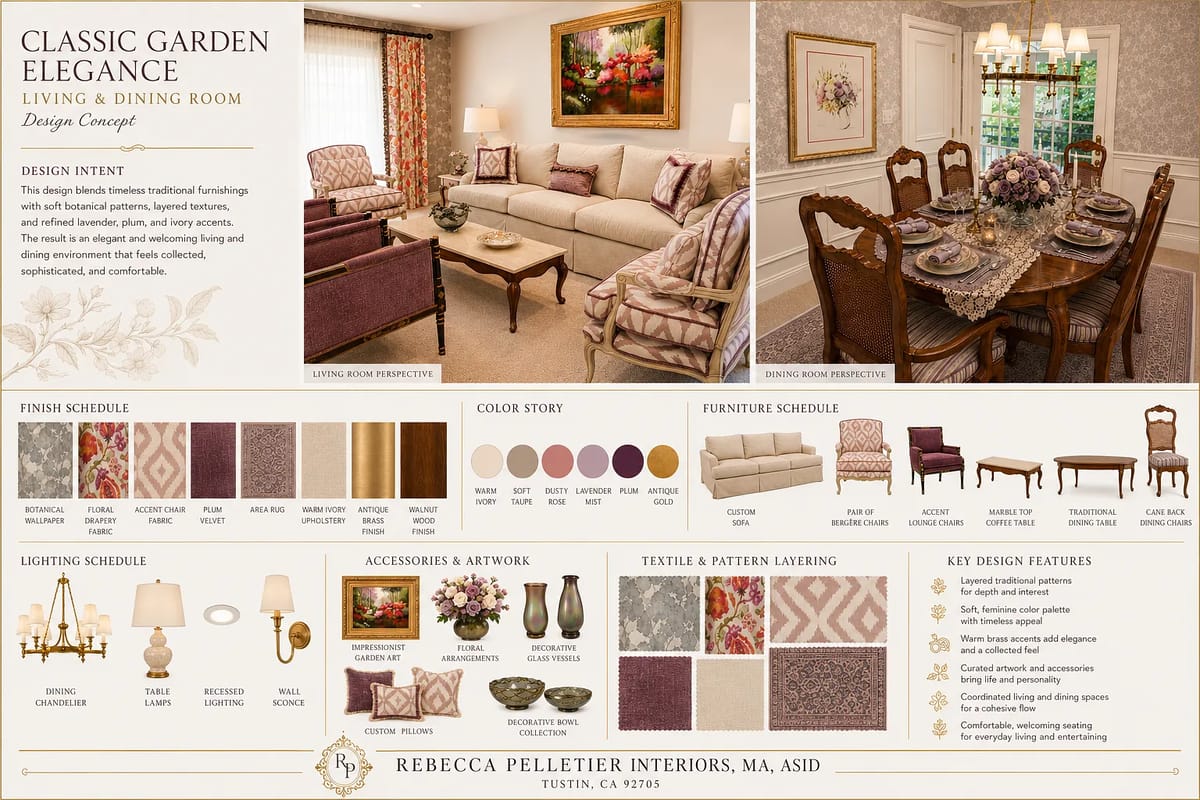 Dining room with round table, upholstered chairs, floral decor, framed artwork, and patterned area rug