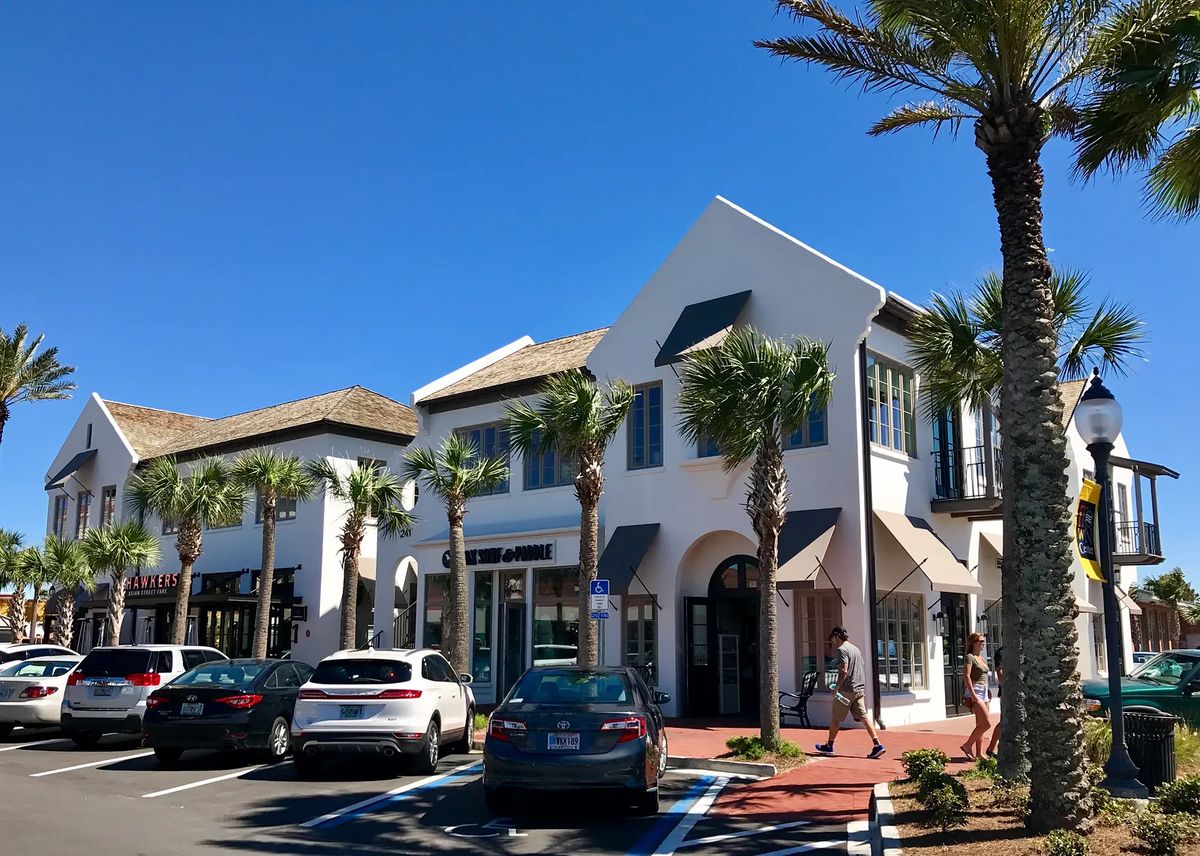 Exterior view of a shopping center with palm trees, parked cars, and multi-styled buildings.