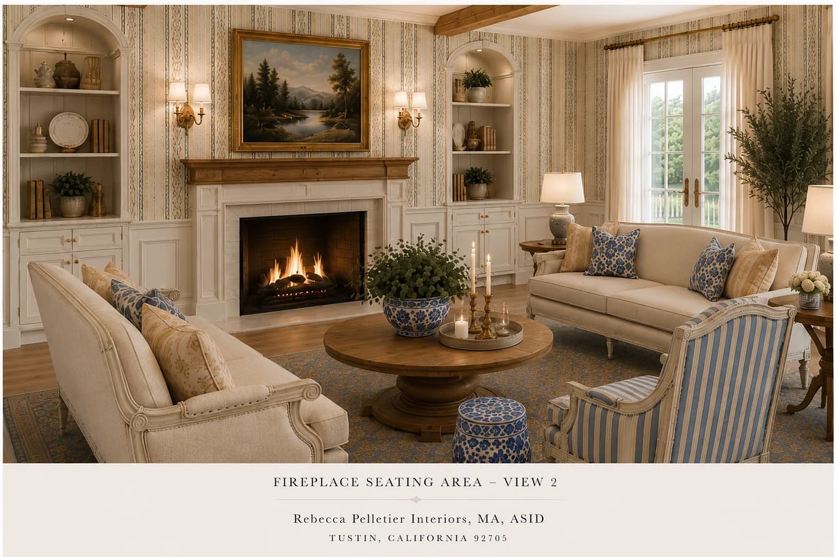 Living room with two sofas, round coffee table, fireplace, bookshelves, and large windows.