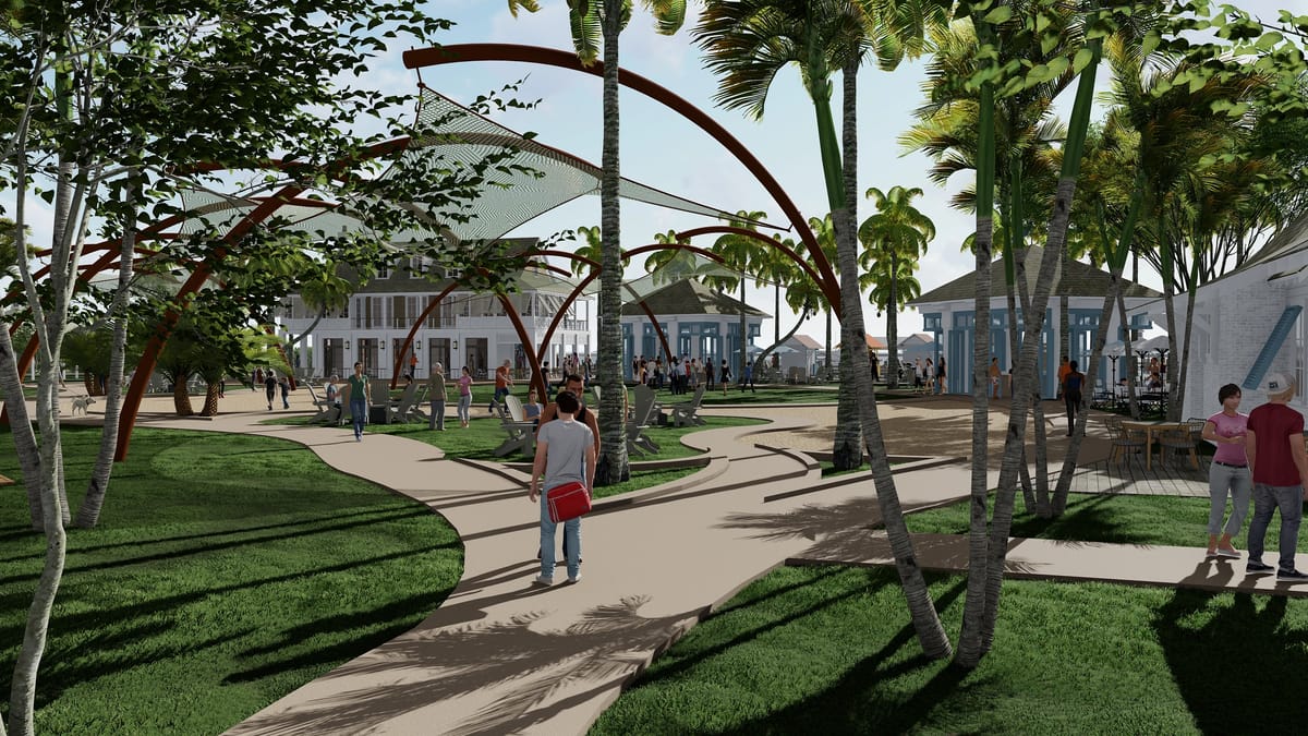 Outdoor area with landscaped paths, palm trees, pavilions, and people gathering.