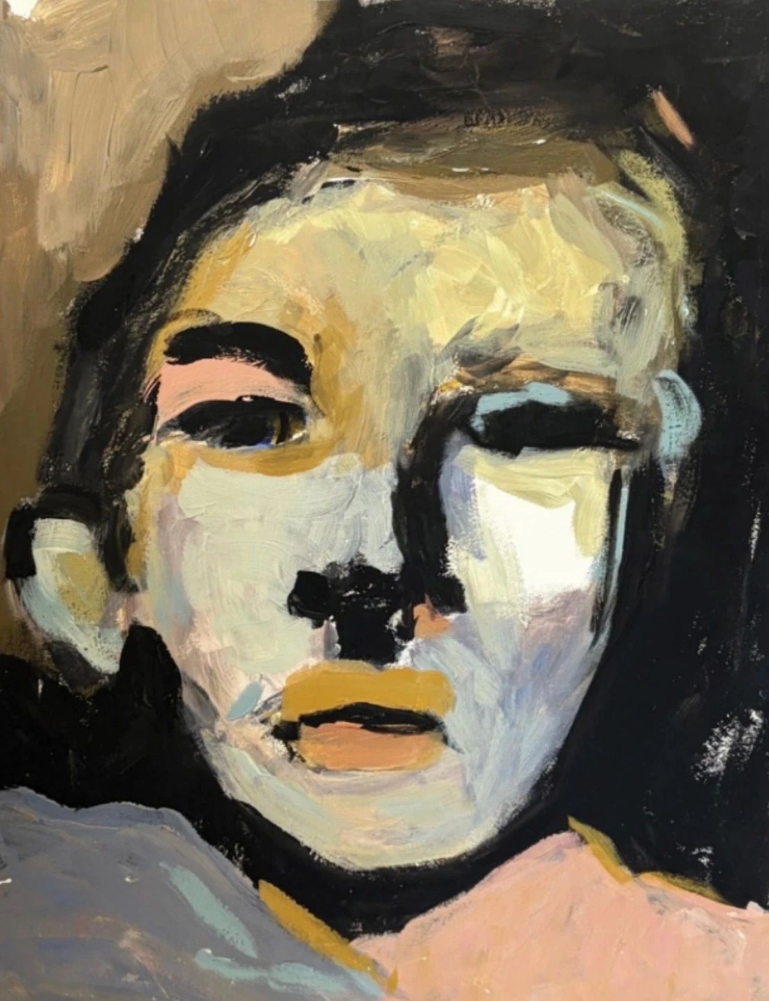 Abstract painting with a stylized face in varied colors and textures.