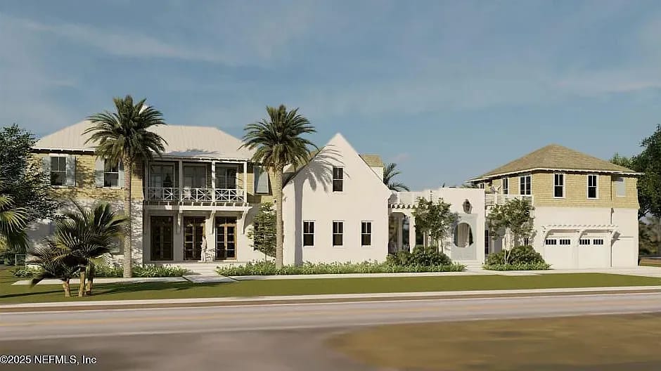 Exterior view of multi-story house with white stucco, stone accents, balconies, and palm trees.