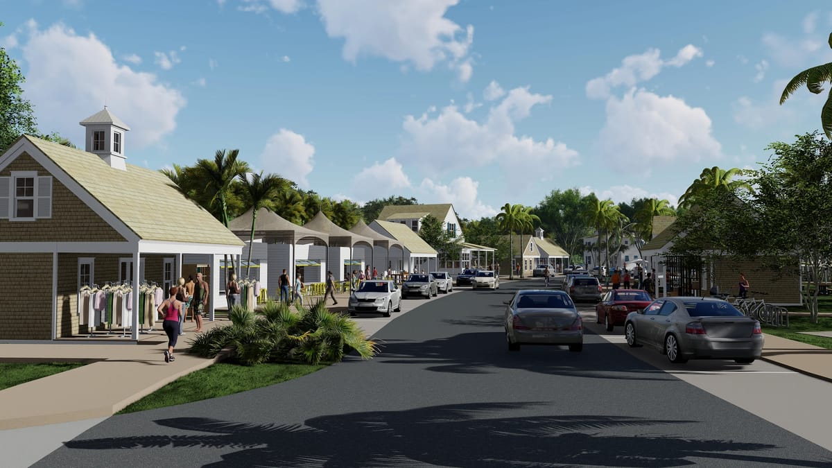 Exterior view of a street with buildings, palm trees, pedestrians, bicycles, and cars under a sunny sky.
