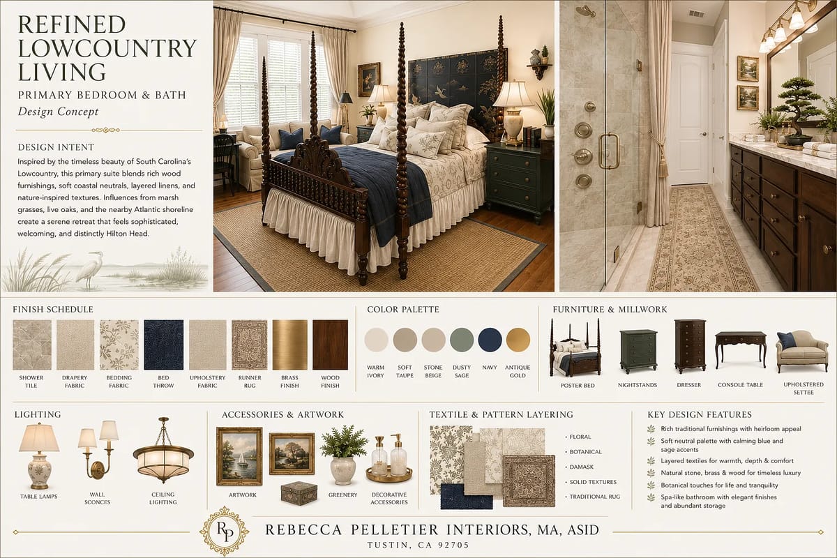 Primary bedroom with four-poster bed, nightstands, lamps, area rug, and decorative chair.