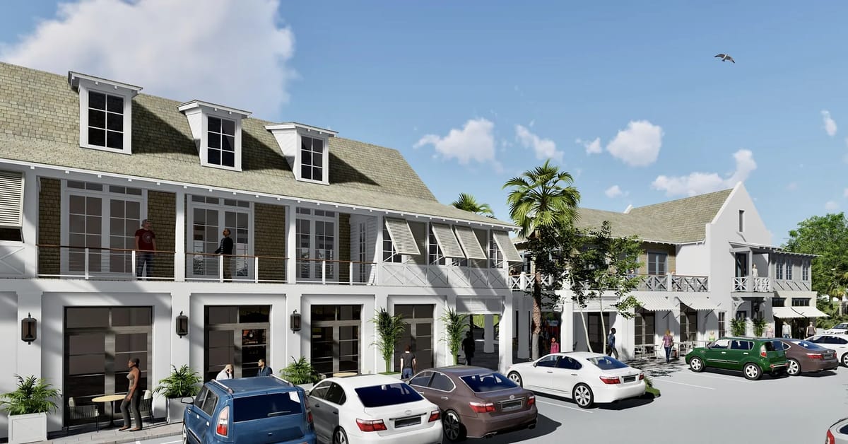 Exterior front of a building with balcony, parked cars, people, and palm trees.