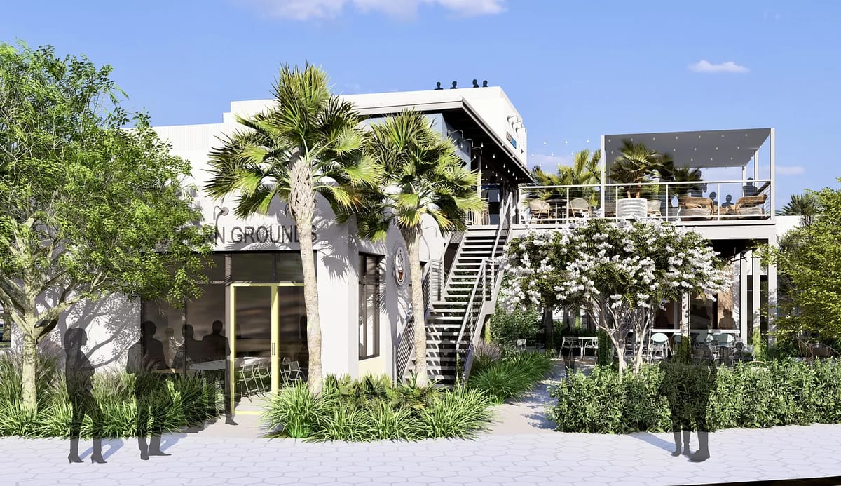 Exterior view of a building with balcony, outdoor seating, palm trees, and large windows.