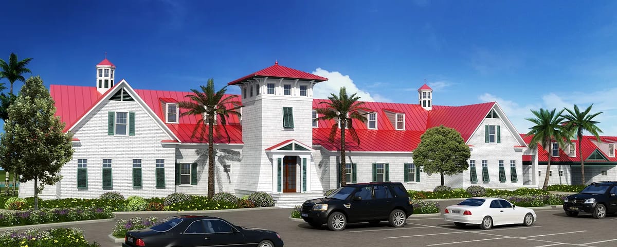 Exterior view of a large building with red roof, white siding, palm trees, and a parking area.