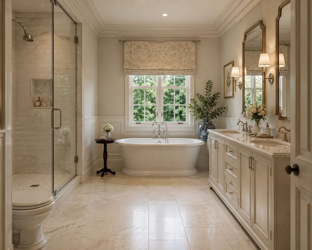 Bathroom with freestanding tub, glass shower, dual vanities, and decorative molding.