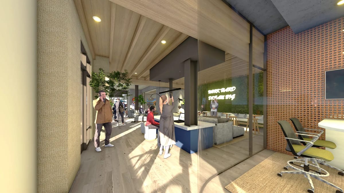Modern office space with glass panels, wood beams, seating areas, workstations, and plants.
