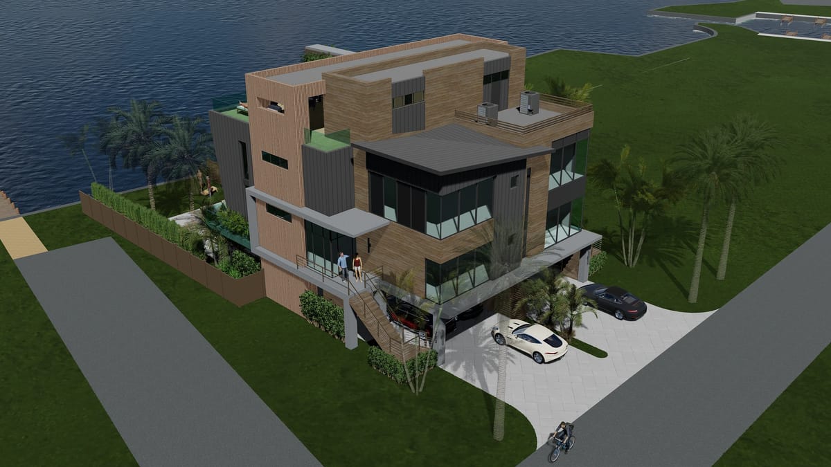 Multi-level modern residence with wood and glass facade, large windows, driveway, and landscaped palm trees.