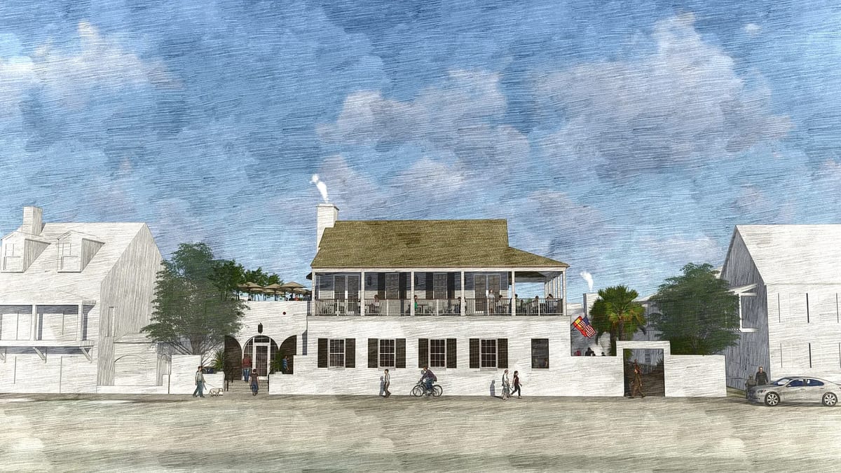 Exterior front view of a house with porch, gabled roof, white facade, and flag, with pedestrians on the path.