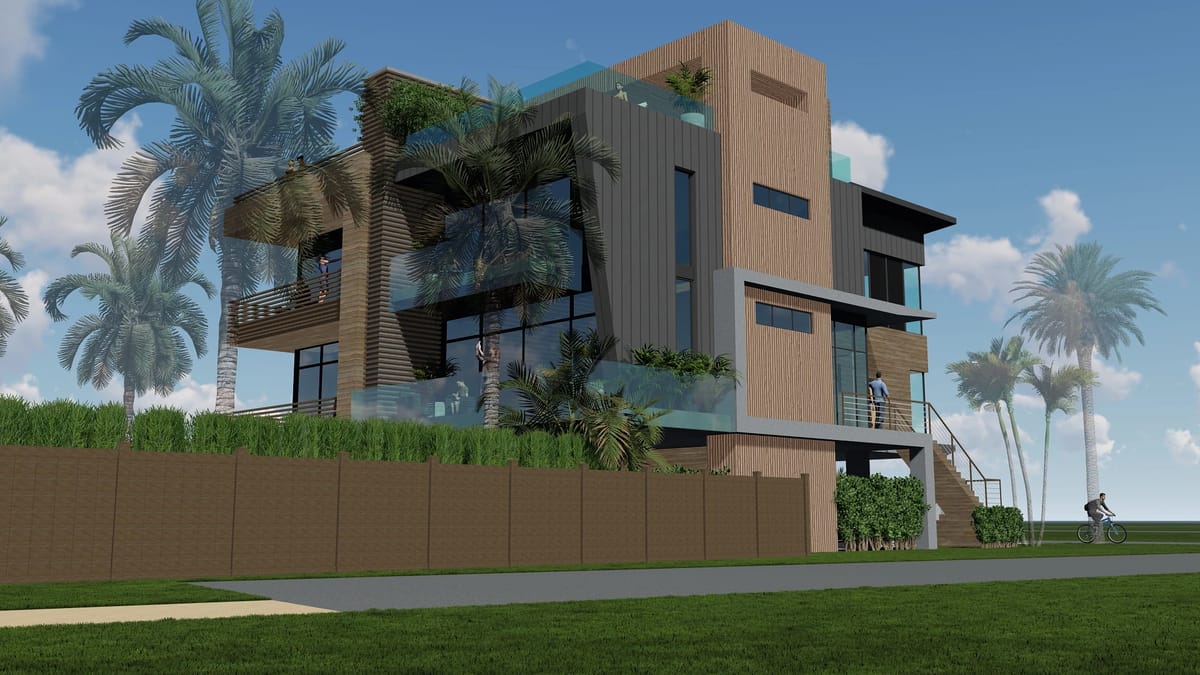 Contemporary house with wooden and metal siding, large windows, balconies, and surrounded by palm trees.