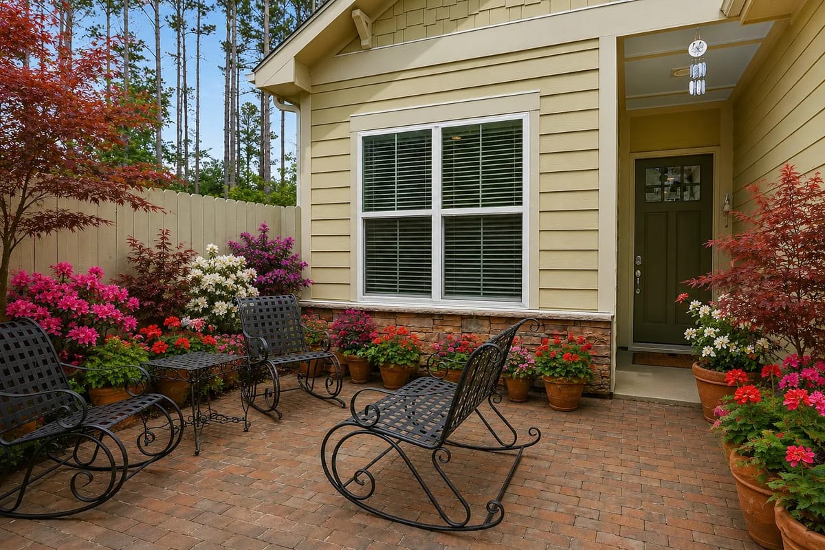 Patio with wrought iron chairs, flower pots, stone paver surface, and wooden siding wall