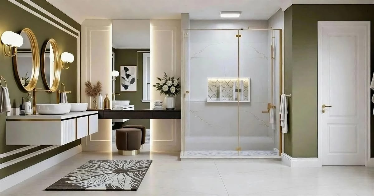 Bathroom with double sink vanity, glass shower, black vanity, and decorative rug in green and white tones.