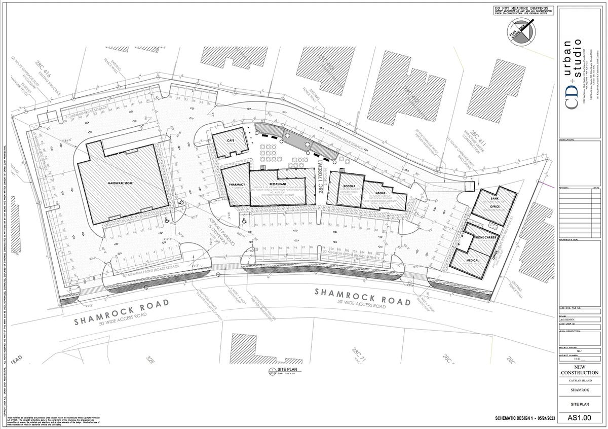 Site plan for new construction with building layouts, parking areas, and landscaping features.
