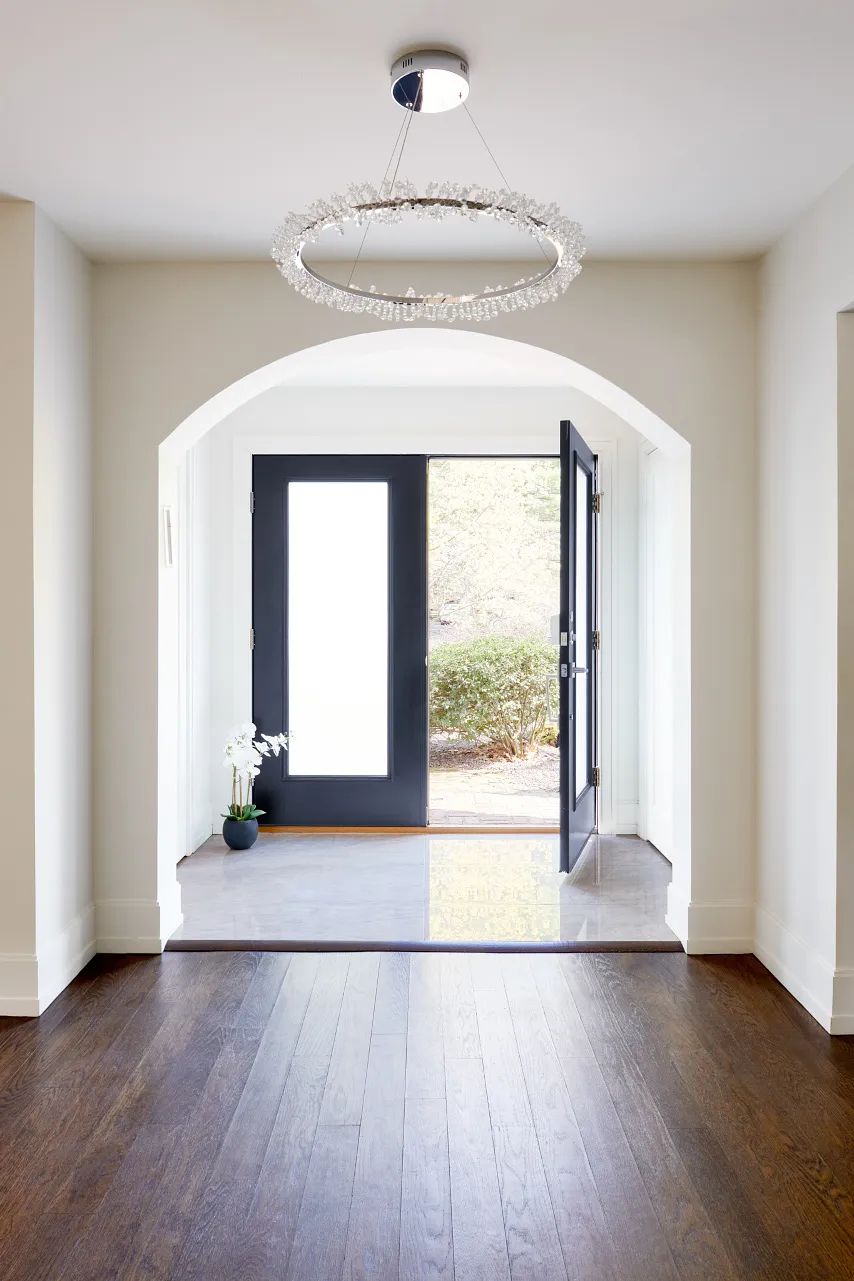 Foyer with double front door, hardwood floor, circular light fixture, and potted plant by the entrance.