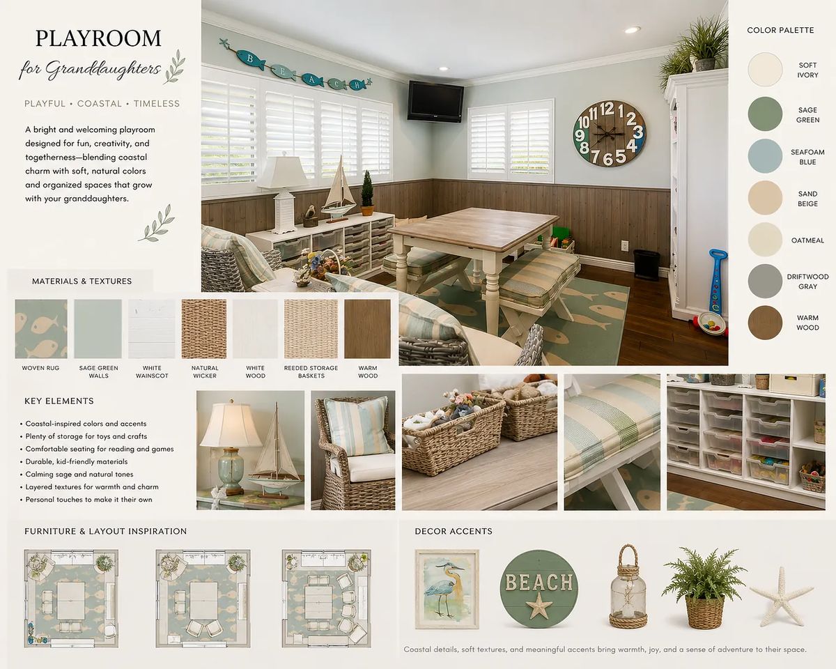 Playroom with seating area, storage bins, coastal decor, and large wall clock.