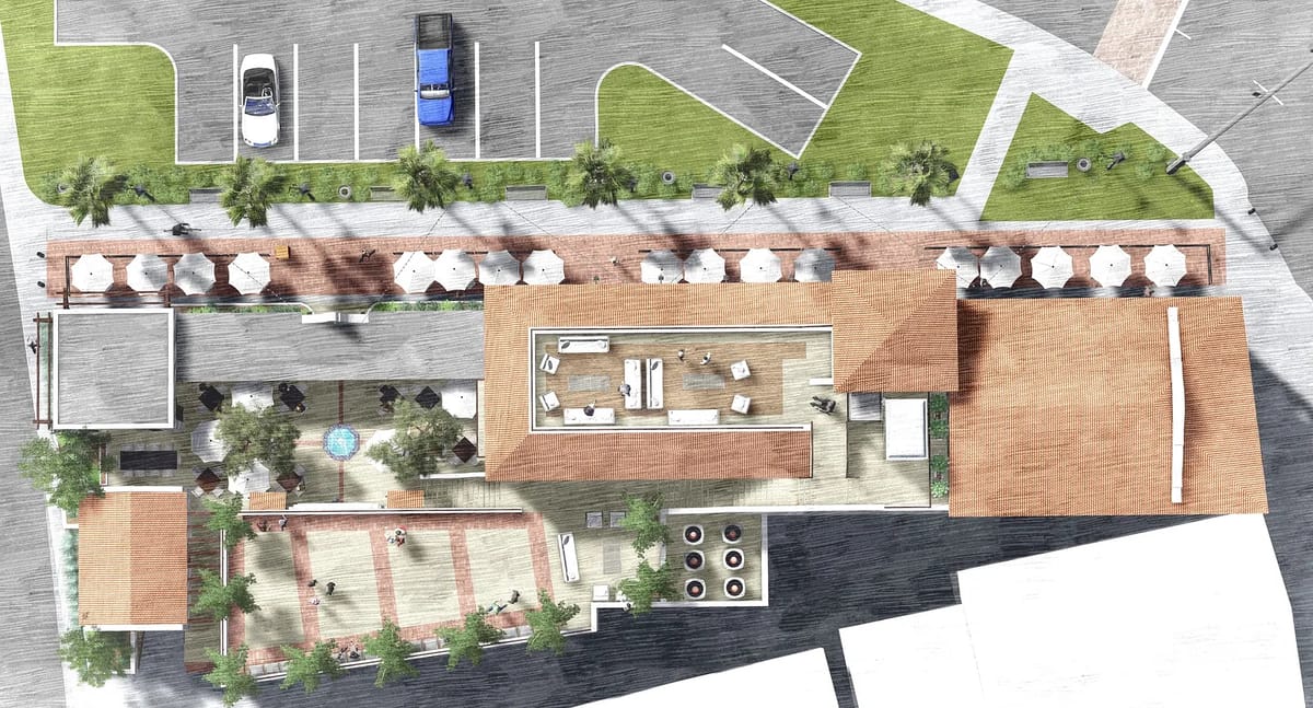 Outdoor space with seating areas, swimming pool, landscaping, and parking lot with umbrellas and pathways.