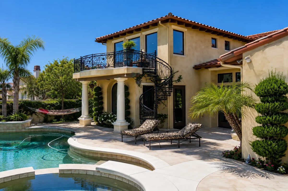 Exterior rear view with pool, lounge chairs, spiral staircase, and lush landscaping.