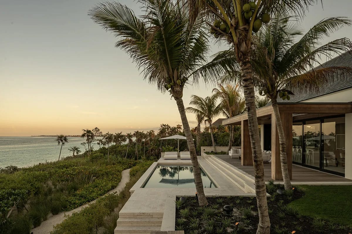 Exterior rear view with swimming pool, palm trees, and landscaped garden beside a modern house.