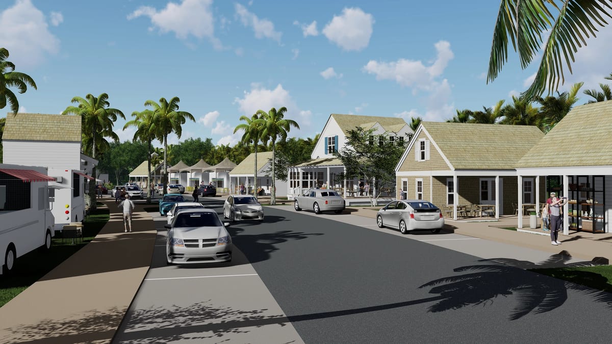 Exterior street view with houses, palm trees, sidewalks, and parked cars.