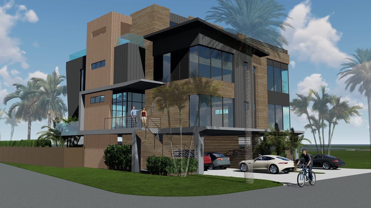 Multi-story building with large windows, wood paneling, and landscaped yard.