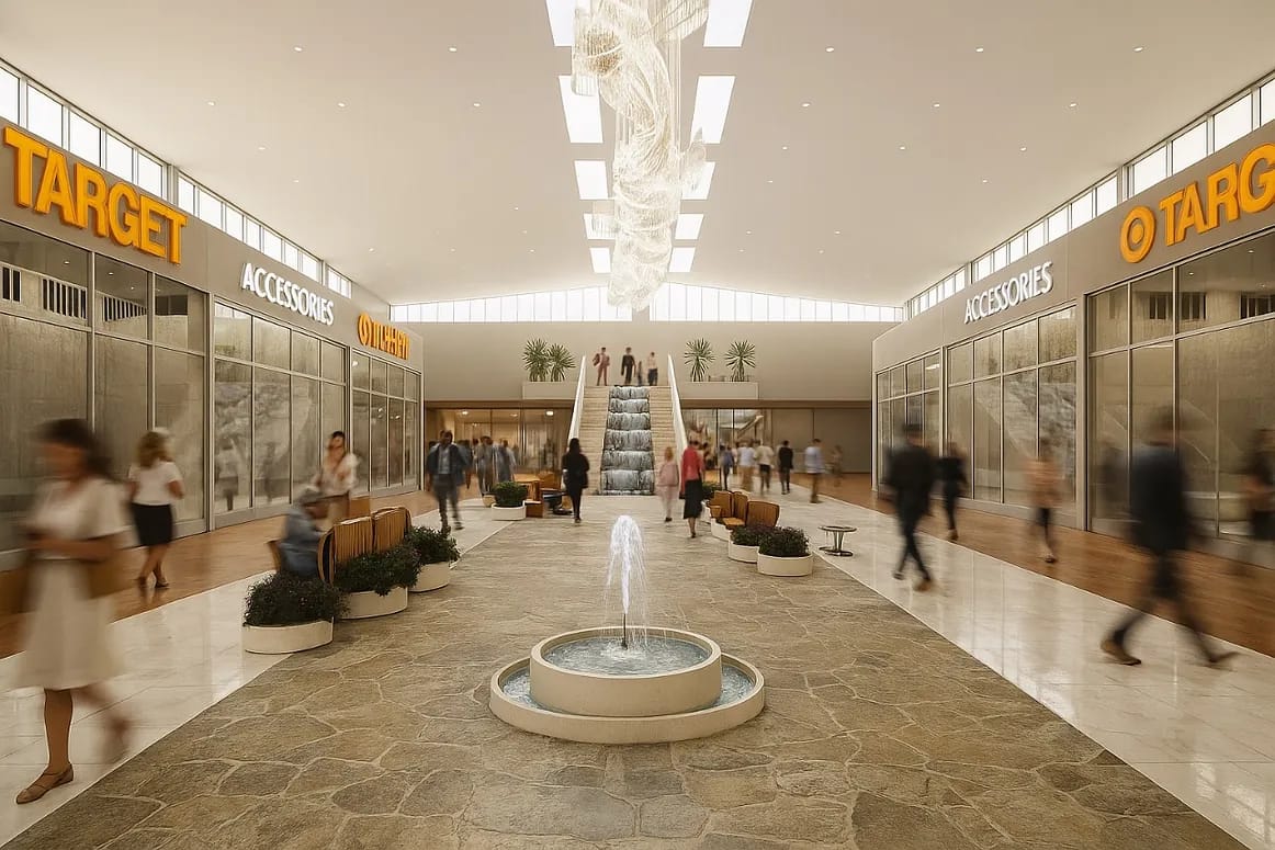 Retail space with a central fountain, seating areas, glass storefronts, and a staircase.