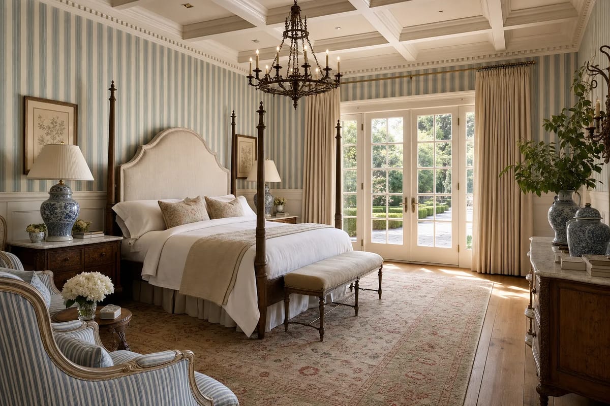 Bedroom with four-poster bed, armchairs, wooden dresser, and French doors to an outdoor space