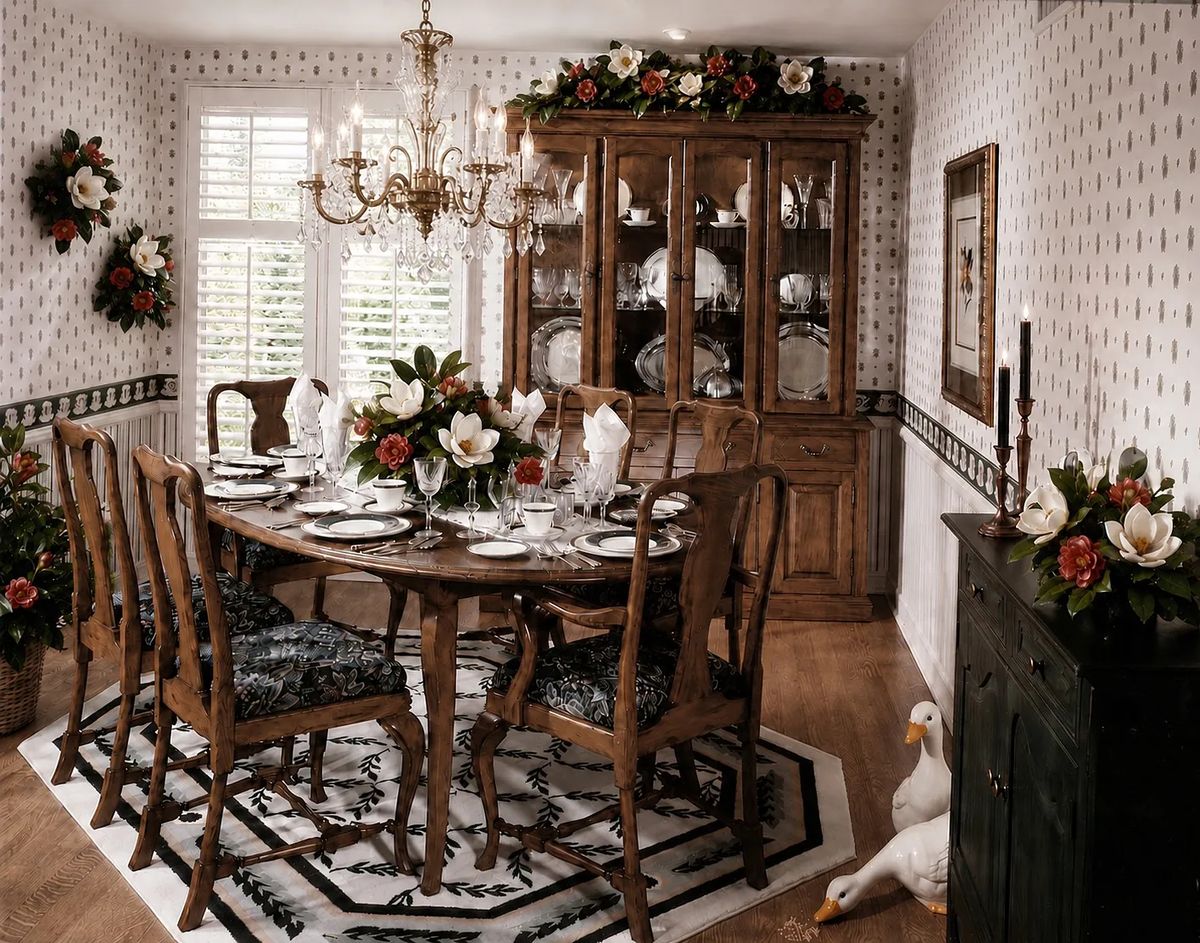 Dining room with round table, china cabinet, floral decor, and patterned wallpaper