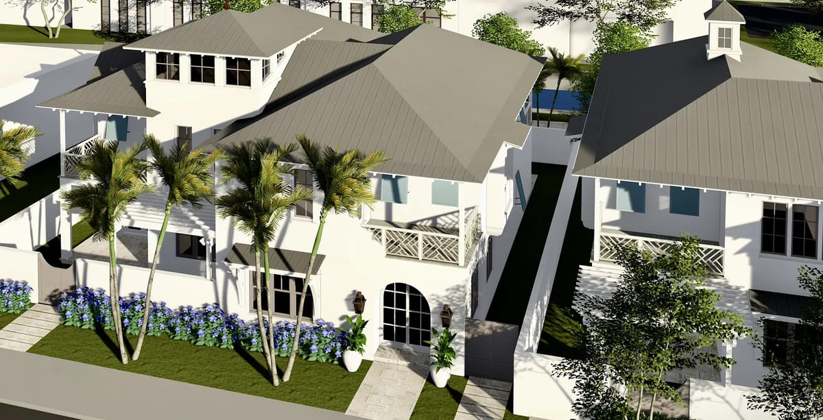 Exterior front view of two houses with landscaped yard and pathways.