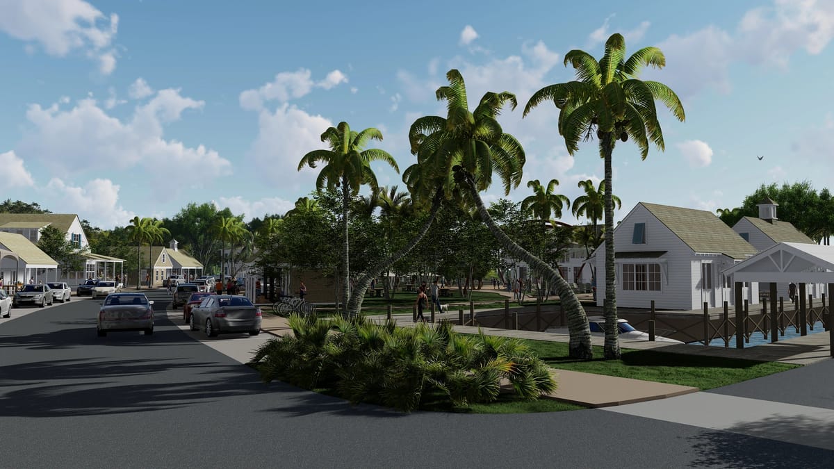 Street scene with houses, palm trees, parked cars, and landscaping.