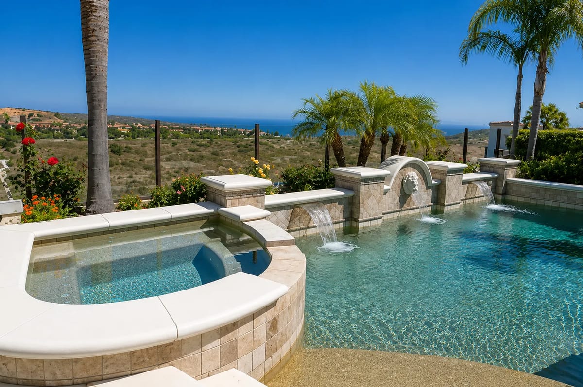 Patio with pool and spa, surrounded by stonework, palm trees, and flower beds with scenic views.