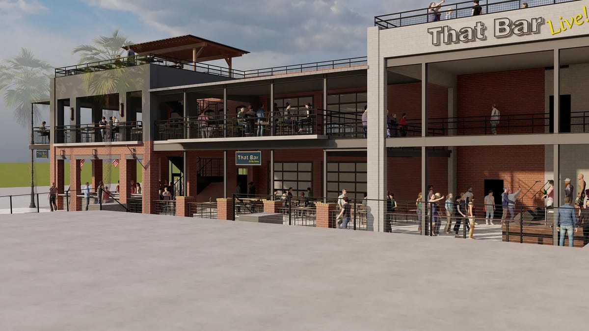 Exterior view of 'That Bar' building with brick walls, metal railings, terrace, and gathered crowd.