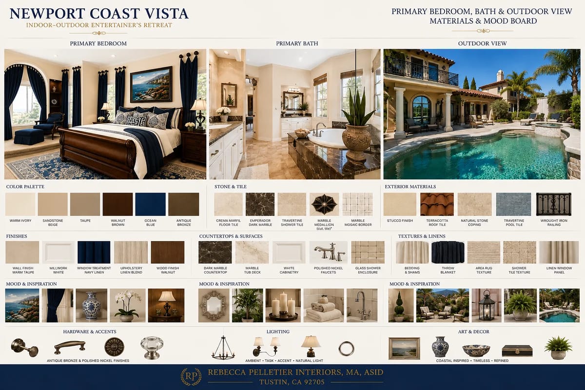 Design board with materials and color palettes for primary bedroom and outdoor view.
