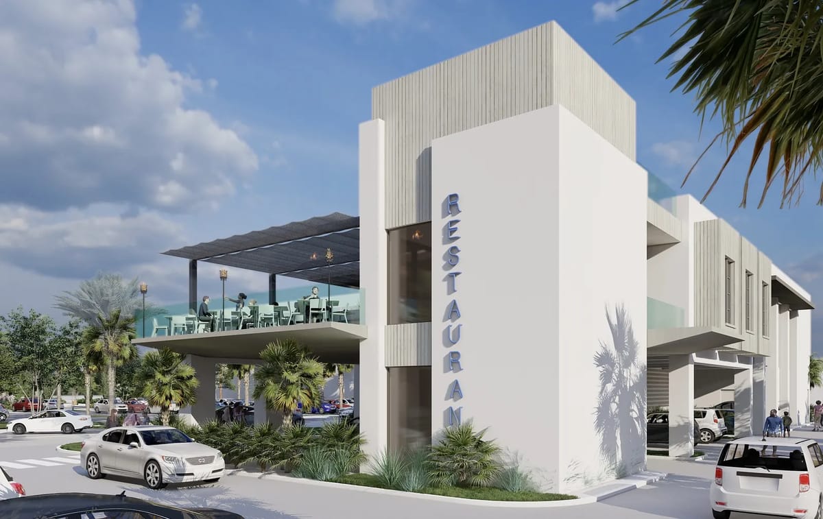 Exterior view of a restaurant with modern facade, terrace, and palm trees.