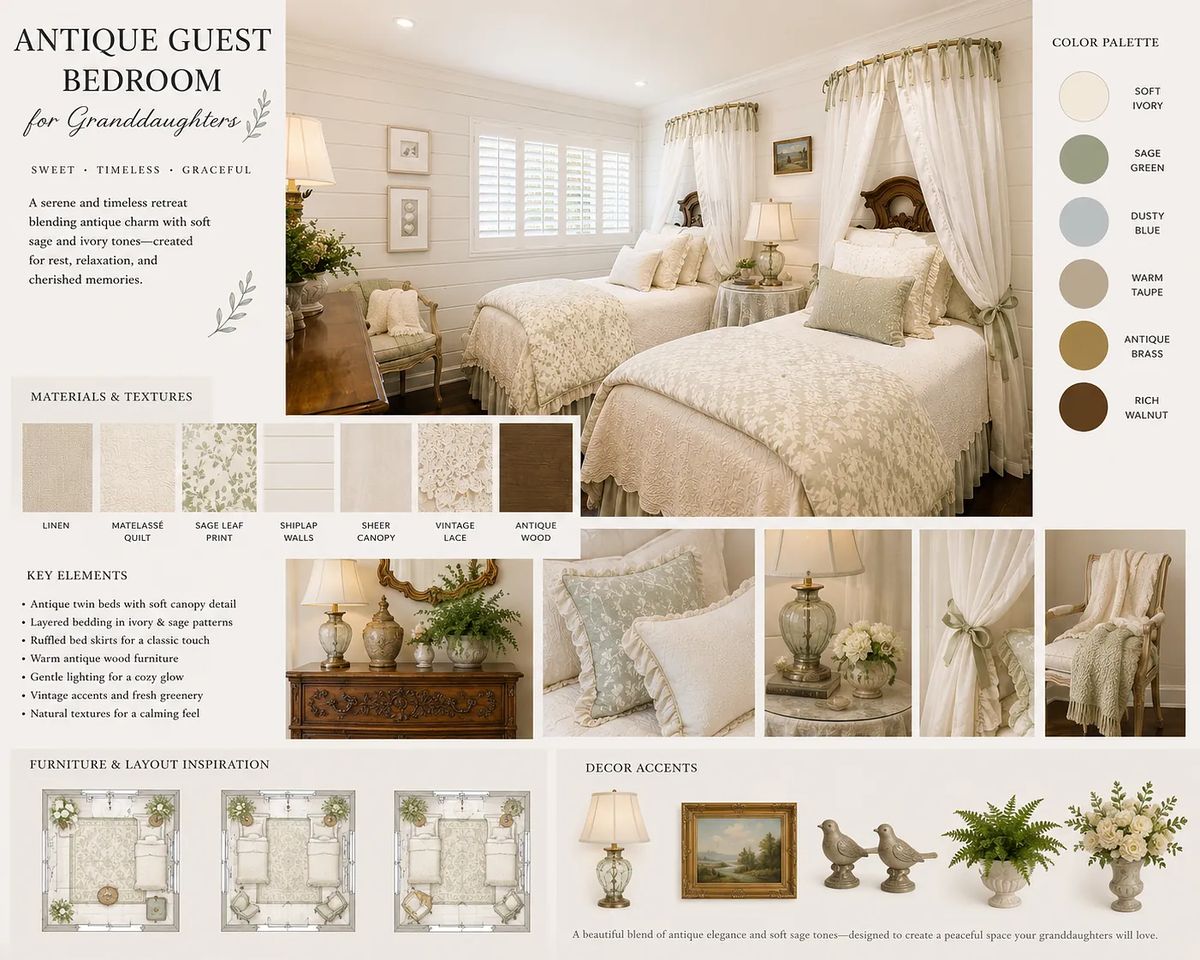 Guest bedroom with a canopy bed, nightstands, vintage decor, white paneled walls, and wooden dresser.