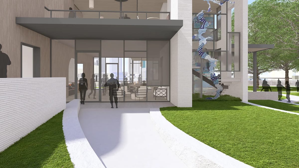 Exterior front with landscaped area, glass doors, and a multi-story structure featuring a staircase.