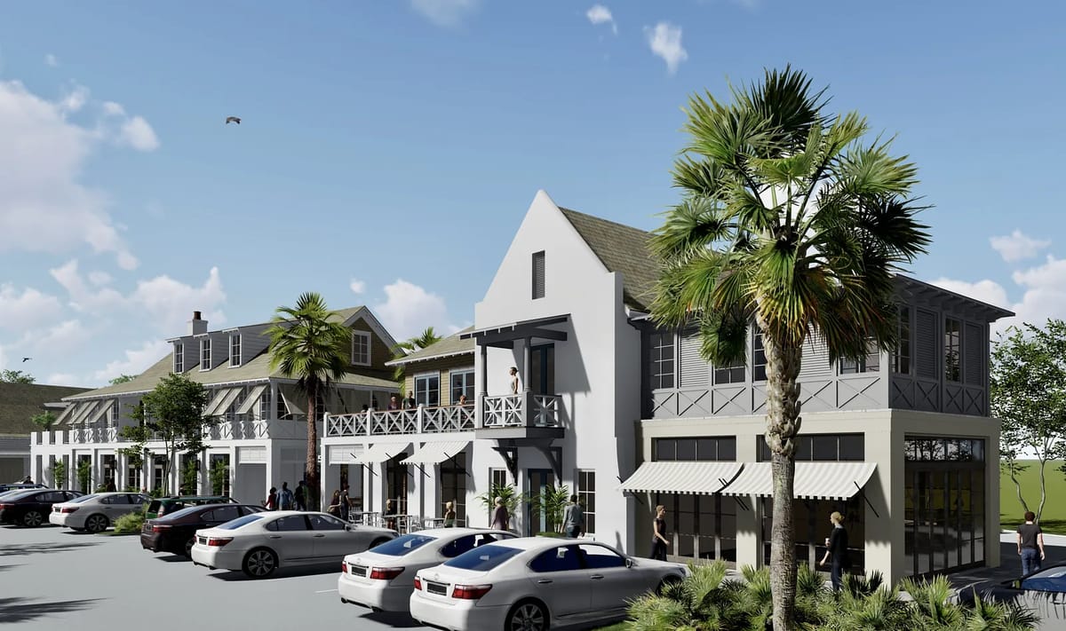 Exterior view of a multi-story building with balconies, large windows, parked cars, and palm trees.