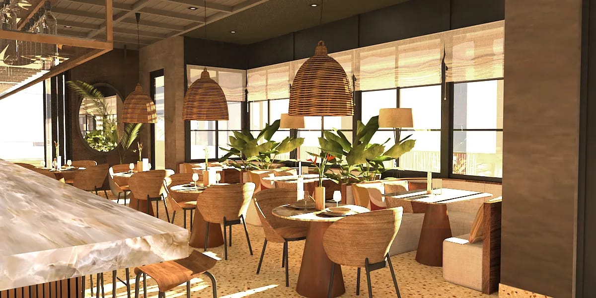 Dining room with marble table, wooden chairs, woven pendant lights, and potted plants.
